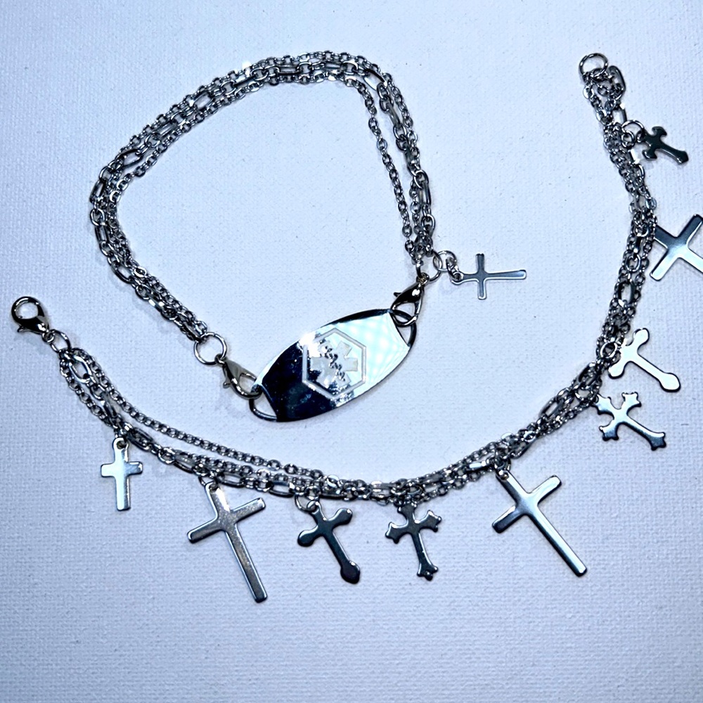 Artisan Handmade Stainless Steel Medical Alert & Cross Charms 2 Bracelet Set